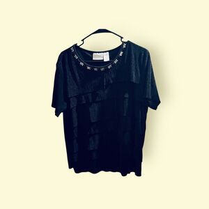 Alfrd Dunner Black Layered Dressy Top Lge, Trimmed Neck